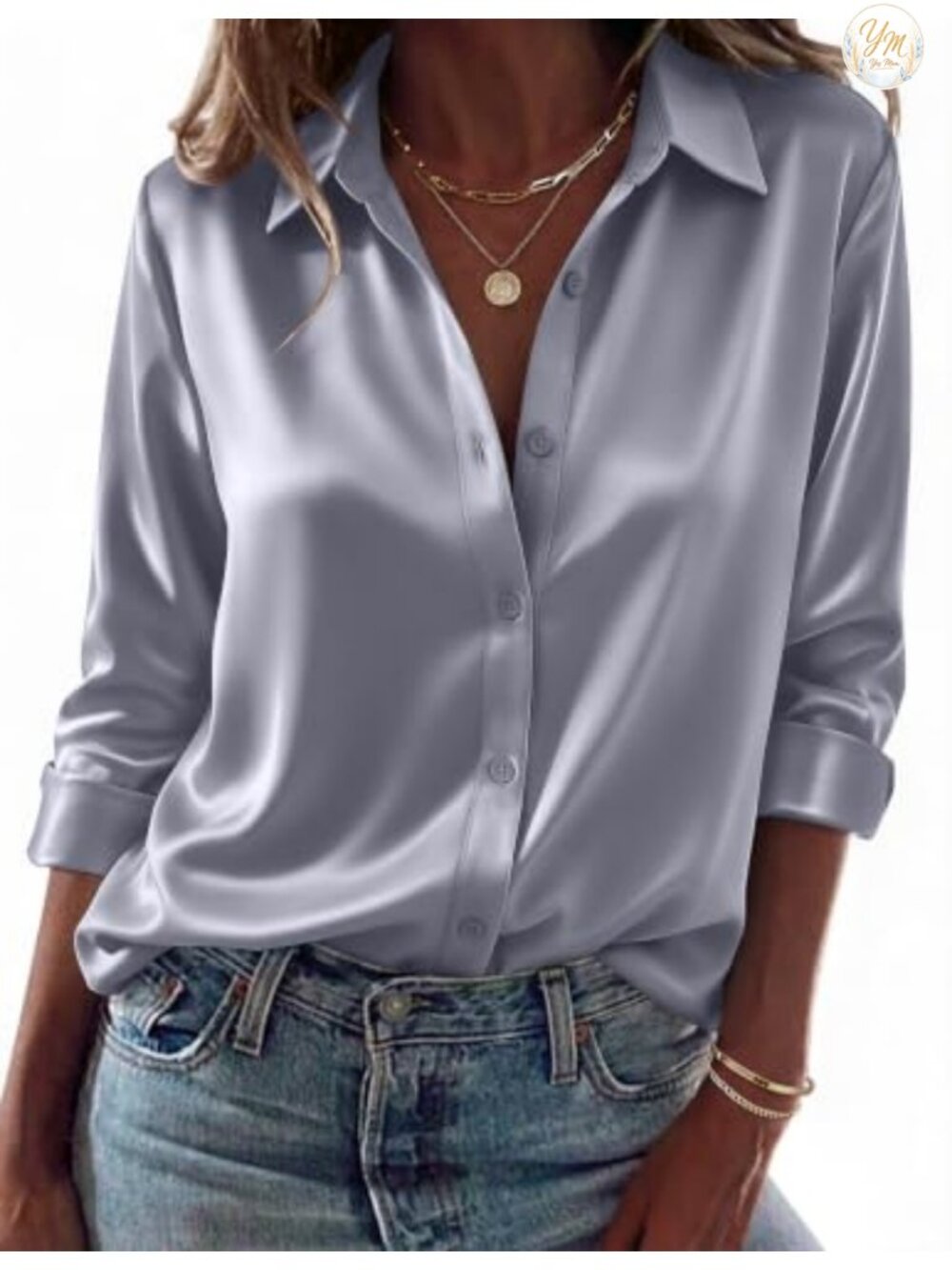 Womens Satin Silk Button Down Shirt Long Sleeve Dressy Blouse